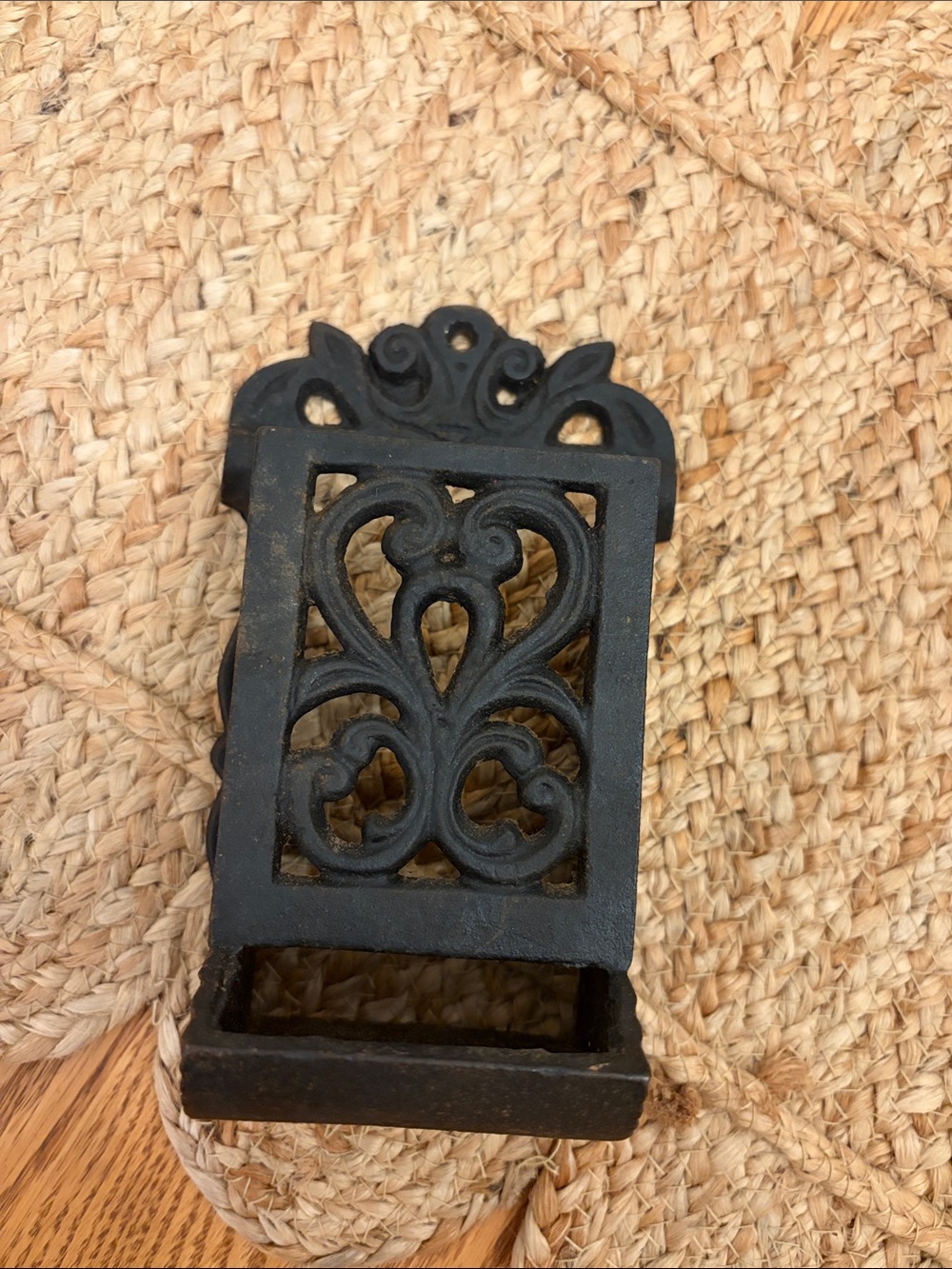 Vintage Cast Iron Match Holder 7.5” Wall Mount Black Heavy